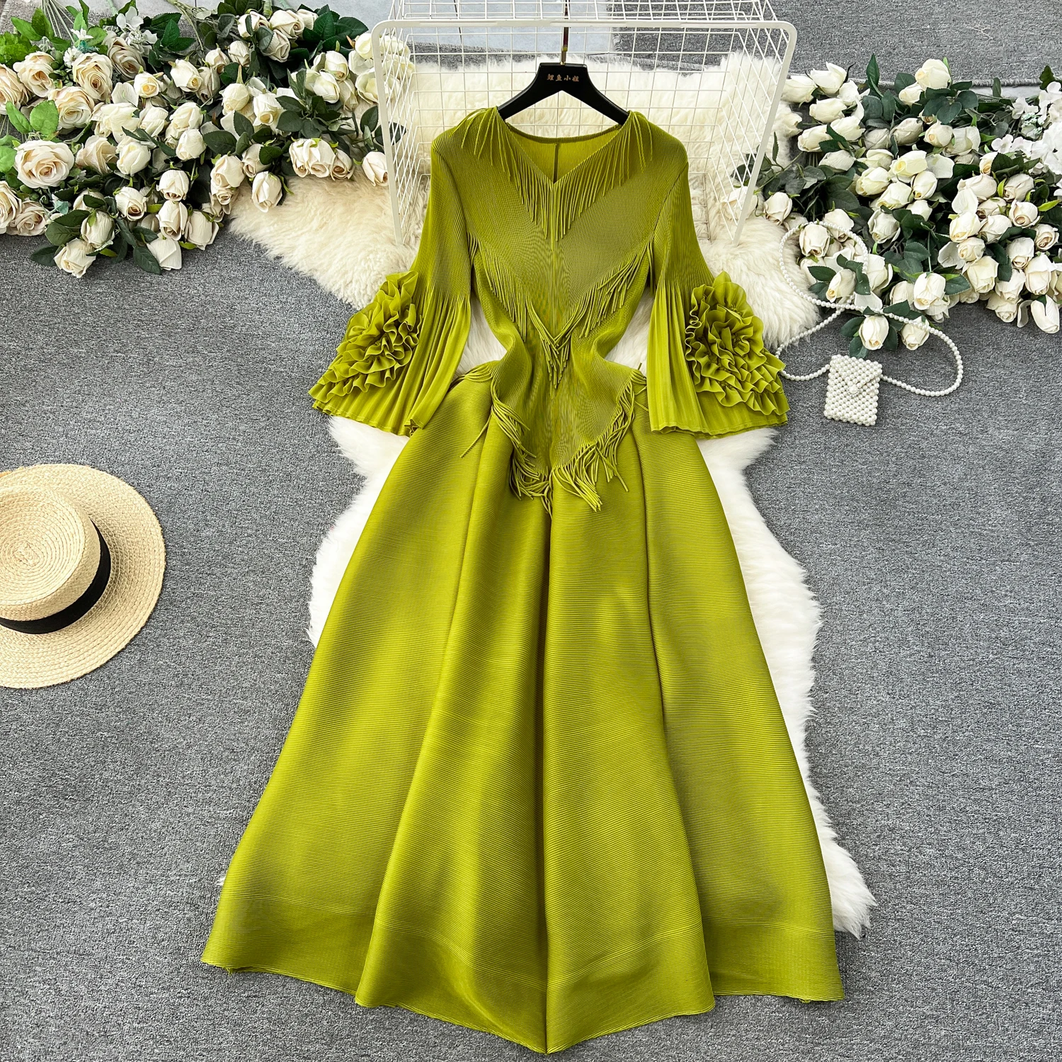 strapless open back dress Solene Pleated Halter Backless Feather-Trim Maxi Dress main image 0