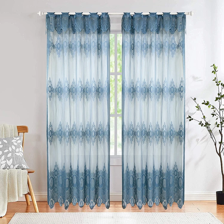 Transparent Ellipse Drape Window Blue Polyester Tulle Jacquard Curtain Knit Sheer Fabric