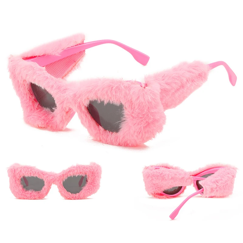 Pink Plush Fuzzy Cat Eye Sunglasses Punk Soft Velvet Shades Trendy FEISEDY Women Plush Fuzzy Small Rectangle Sunglasses Punk  main image 2