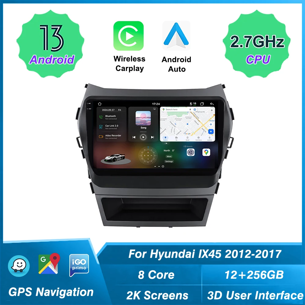 Car Android Radio for hyundai IX45 Santa Fe 3 2012-2017  GPS Navigation Car-play 4G WIFI Multimedia Stereo