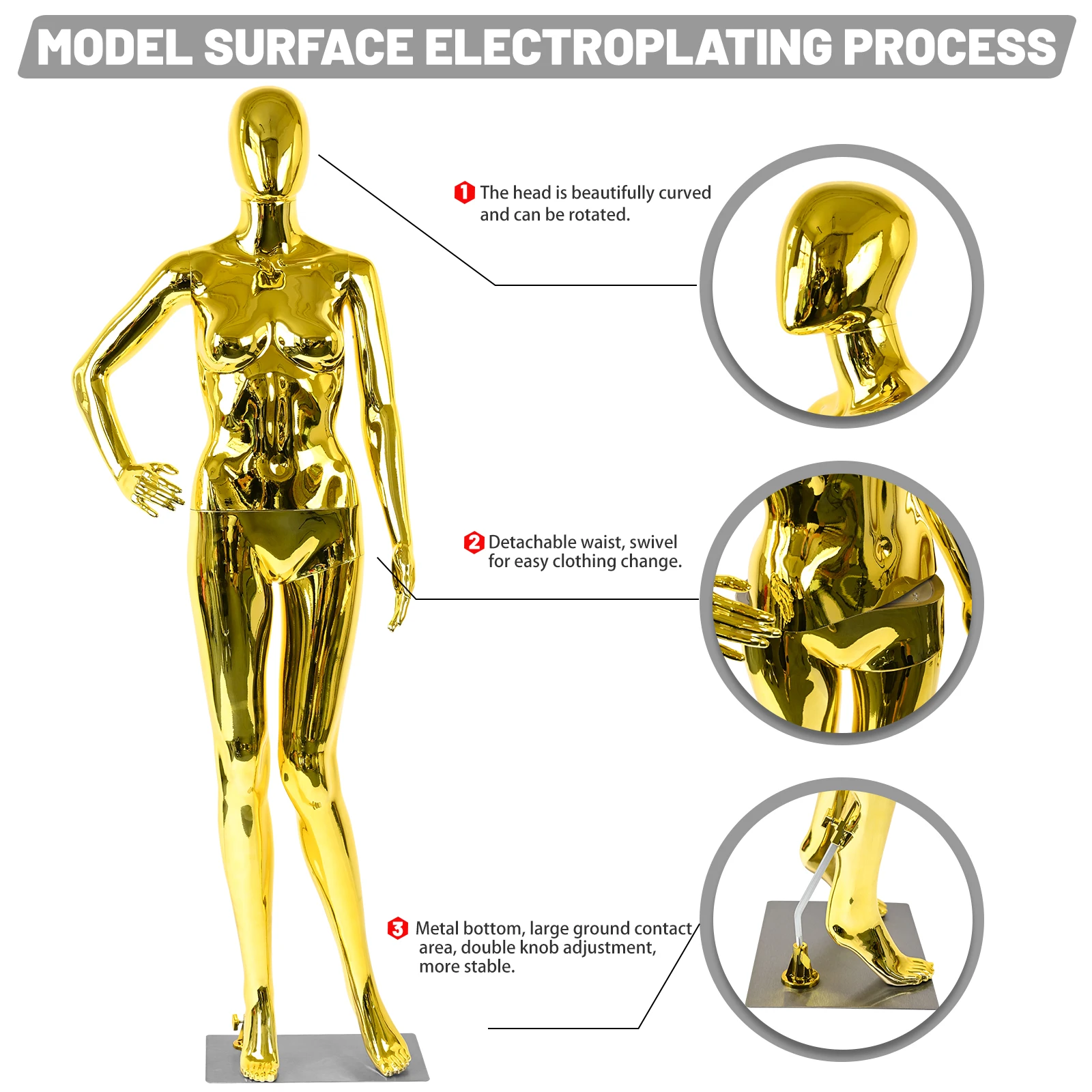 Gold High Quality Chrome Full Body Female Mannequin Display 175cm