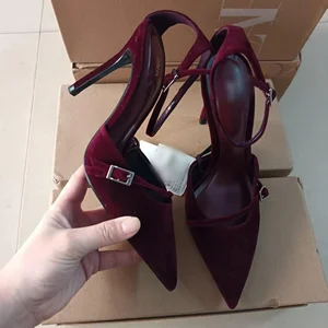 QuiteS 2026 New Arrival Wine Red Suede Pointy  High Heels Fine Buckle Women Pumps Pointed Shoes Sexy Thin Heels Sandal