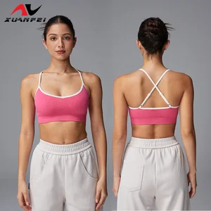 Custom Logo Simple Pink Spandex Fabric Slimming Style Sweet Cross-Shoulder Strap Sports Vest Bra Top for Women