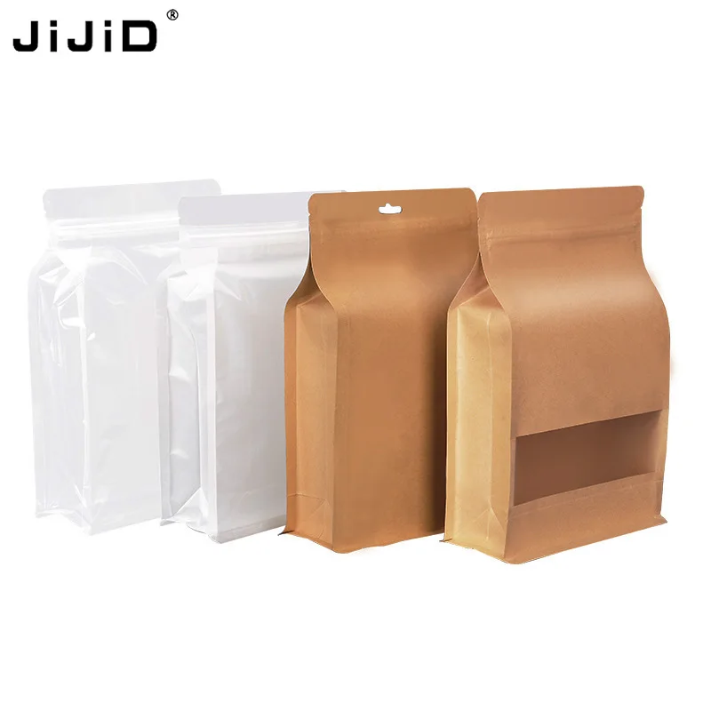 JIJID Custom Food Bag Stand up Bag Flat Bottom Ziplock Pouch Packaging Eight Side Sealing Frosted Bag With Window