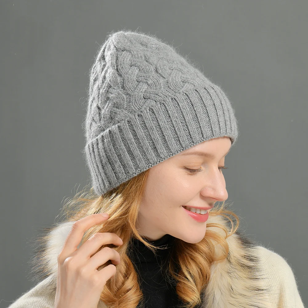 Winter Cashmere Wool Knitted Hats Wholesale Thick Warm Women Fashion Wide Cuff Cute Real Fur