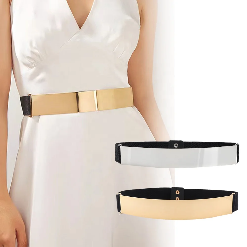 Custom Gold Elastic Dress Belts for Women Thin Mirror Metal Plate Waist  Belts with Alloy Buckle Ladies Stretch Dress Belts