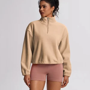 Women's Lightweight Seamless Oversized Fleece Half Zip Pullover Fall Casual Long Sleeve Athletic Gym Crop Top