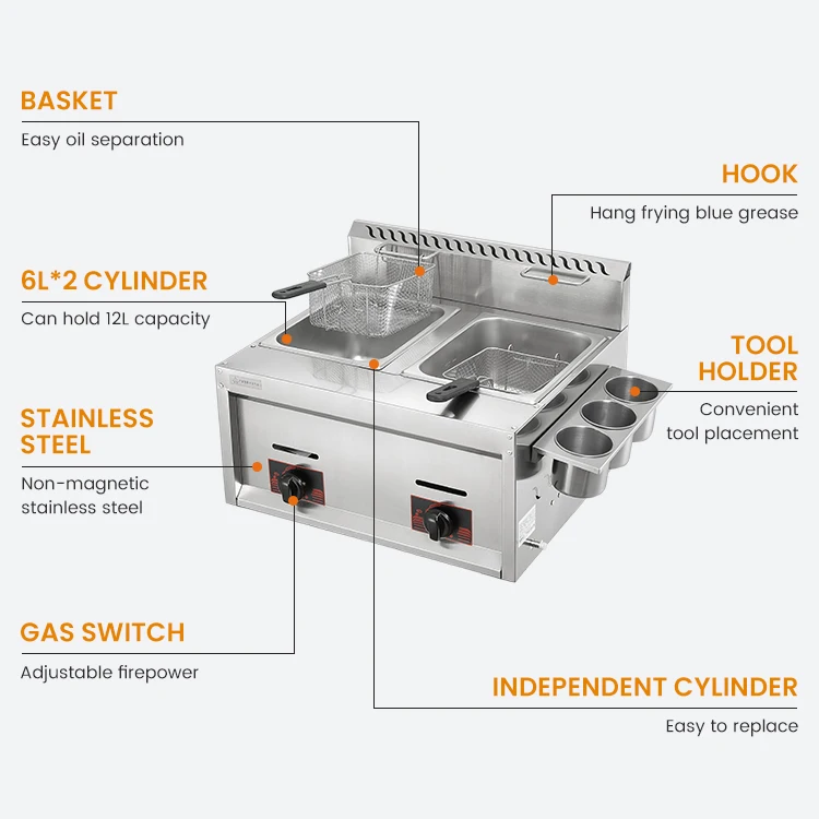 Commercial French Fries Chicken Gas Deep Fryer With Temperature Control