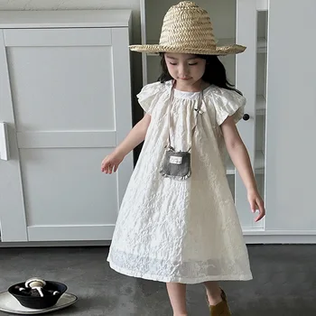 2025 Korean Girls Dress Fashionable Solid Pattern Skirt for Kids Sweet Fairy Birthday Dress Button Plain Dyed Technique