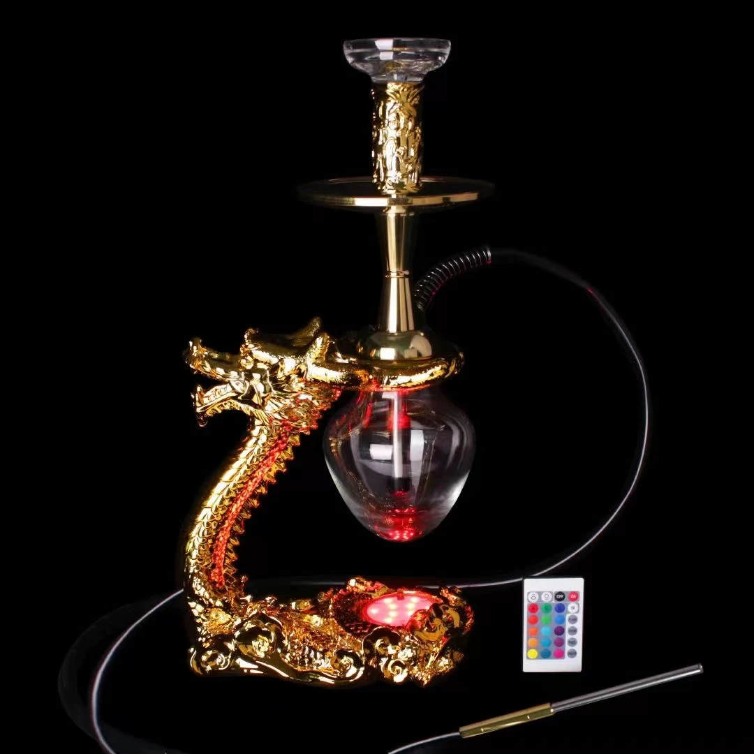 New Design Dragon Shape Hookah Set Luxury Shisha with Glass Vase Led Light Hookah Chicha Metal Shisha Dragon Hookah
