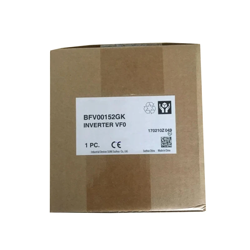 New Original BFV00152GK Inverter, VF0 Series. Applied to fan, water pump and conveyor speed regulation in industrial automation. 1.5kW power, single-phase 220V input, three-phase output, 0.5-250Hz frequency range, built-in filter, 