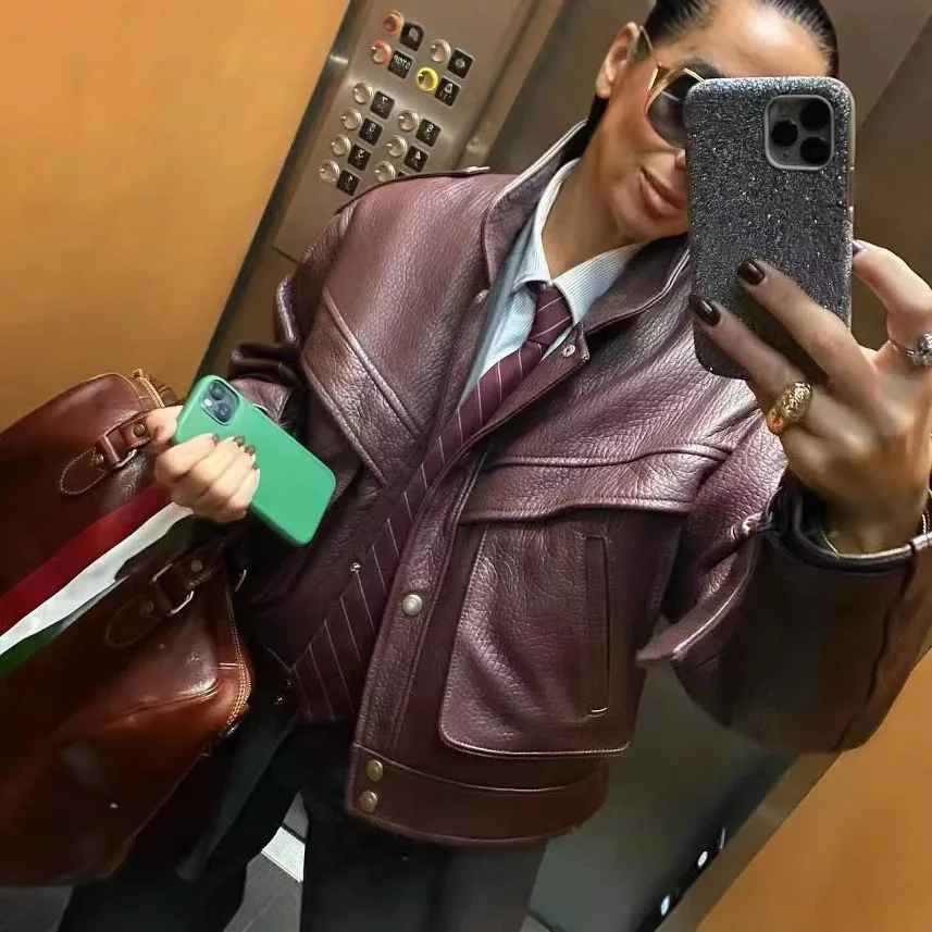 Genuine Leather Sheepskin Jacket Small Stand Collar Niche Design Pocket Shape China Spring European-American Style