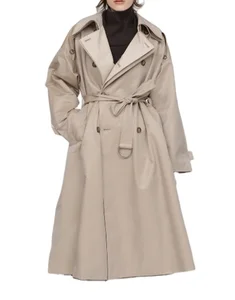 Women's Light Luxury Acetate Windbreaker Spring New Polyester British Style Long Coat Lapel Collar Plain Dyed Trench Outerwear