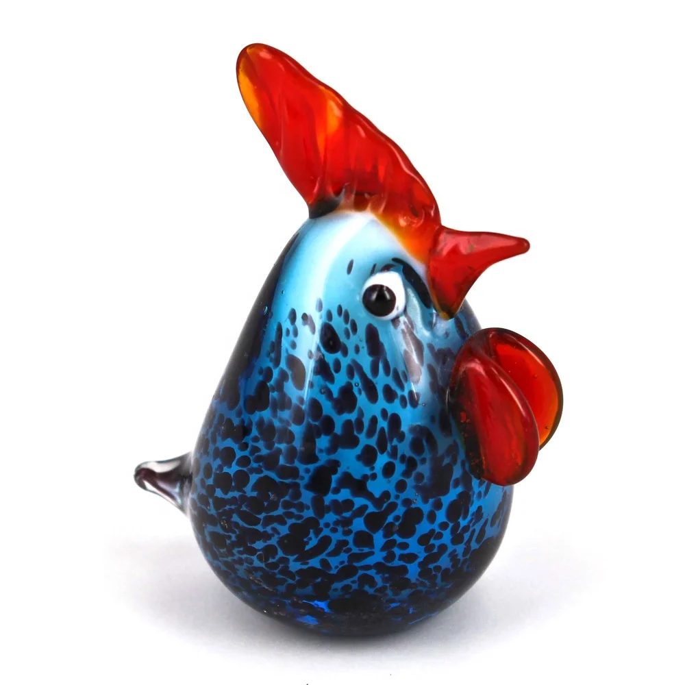 GPHE026 Hen Cock Rooster Glass Figurine Animal Blue Hand Blown 