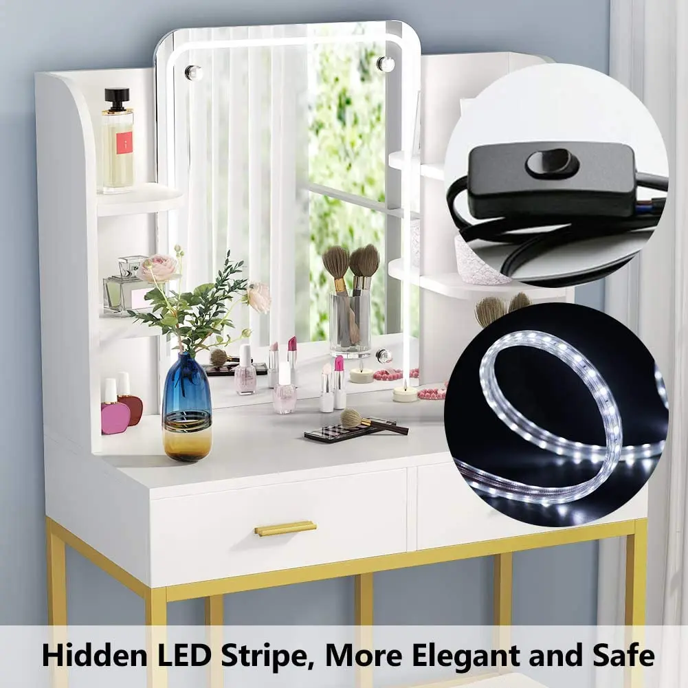Unique Symmetrical Design Led Light Mirror Golden Iron Frame Simple Iron Dressing Table