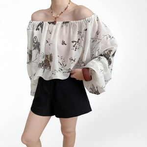 Custom Women's 100% Polyester Off-shoulder Long Sleeve Blouse with Floral Print
