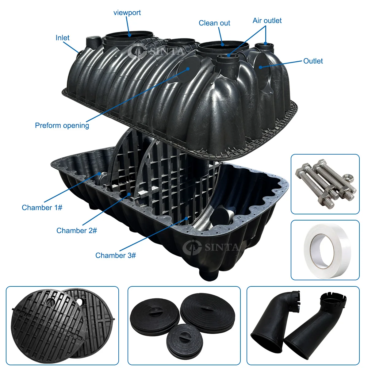 HDPE Underground Three Chamber Detachable Septic Tank System
