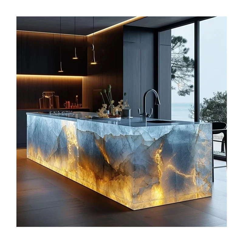Модерн дизайндык жарык чыгарган жаде ташы кухня аралынын столунун үстү, үй жана отел үчүн табигый жана жасалма кварц, жылтырткан бет