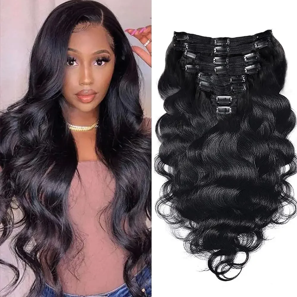 Extensions de cheveux humains brésiliens ondulés à clipser, couleur noire naturelle, cheveux Remy, 14 à 26 pouces, 120 g, 8 pièces/ensemble_voghion.com