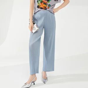 Miyake Women's High-Waist Pleated Wide-Leg Straight Pants Casual Style With Loose Fit Breathable for Spring and Summer