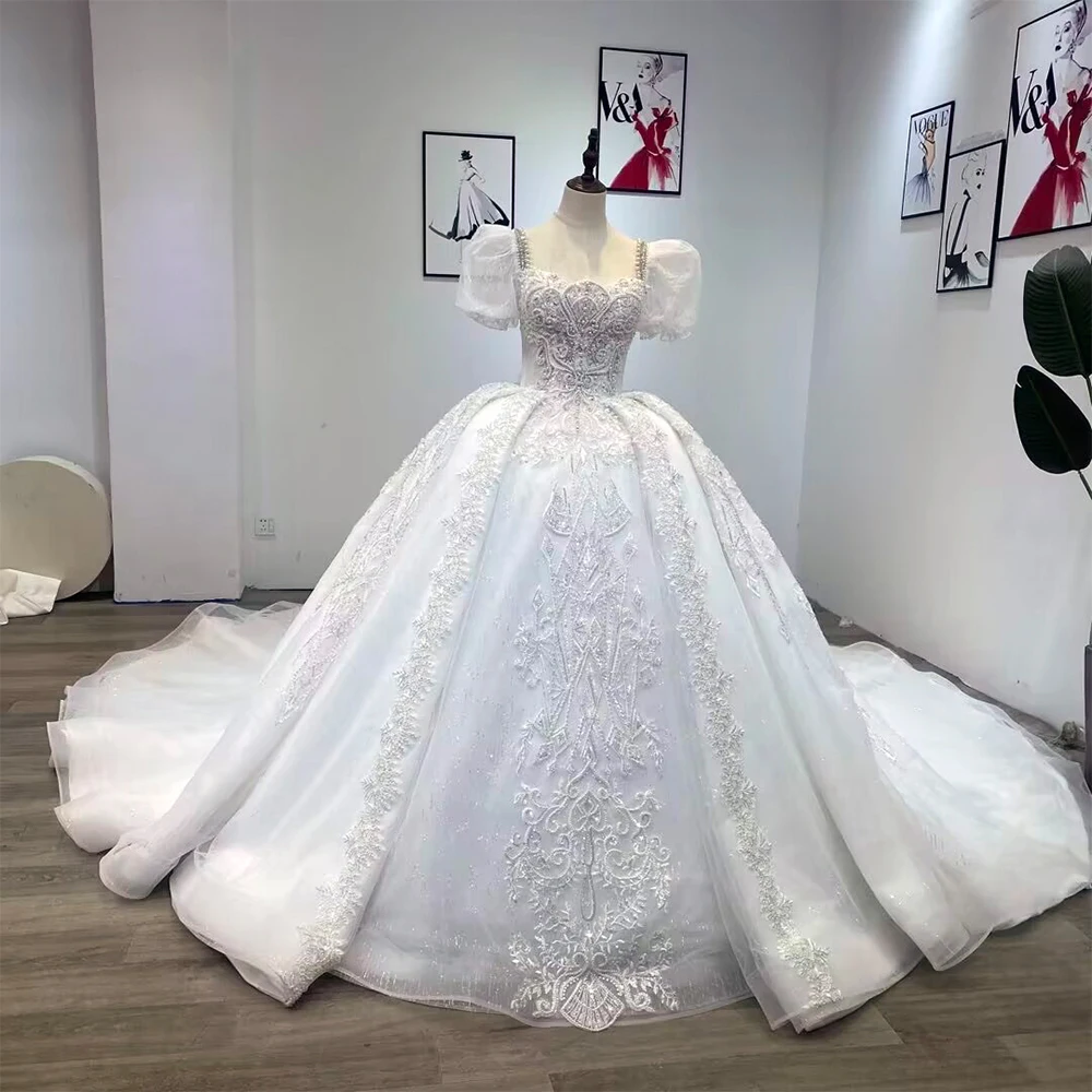 White Tulle Lace Beading Pearls Wedding Dress - French Summer Style