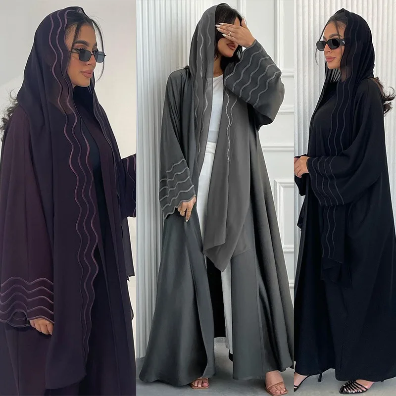 Women's Eid Muslim Wave Embroidery Hijab Abaya Long Dubai Kaftan Robe with Polyester Scarf Cardigan Party Dresses for Jalabiya