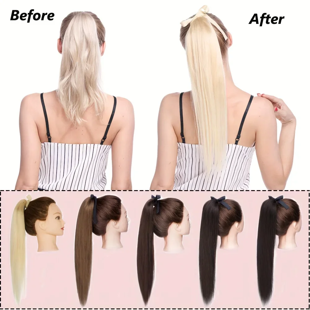 Extension per capelli umani con coda di cavallo dritta e nastro per donne da 10 a 30 pollici_voghion.com