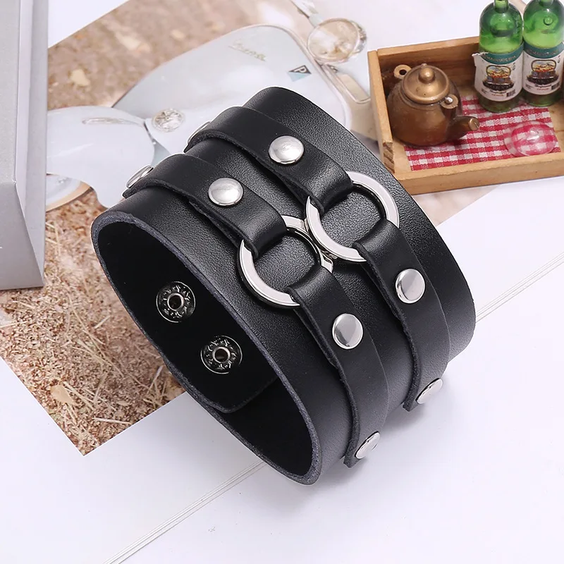 Latest Design Retro Men Simple Style Cowhide Double Loop Rock Wide Leather Bracelet