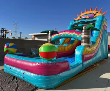 Commercial 18ft Tall Double Lane Slide With Pool Inflatable Wet Dry Slide For Sale