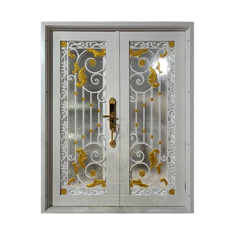 Modern Design Decorative Double Iron Security Door White Wrought Iron Main Front Entry Door