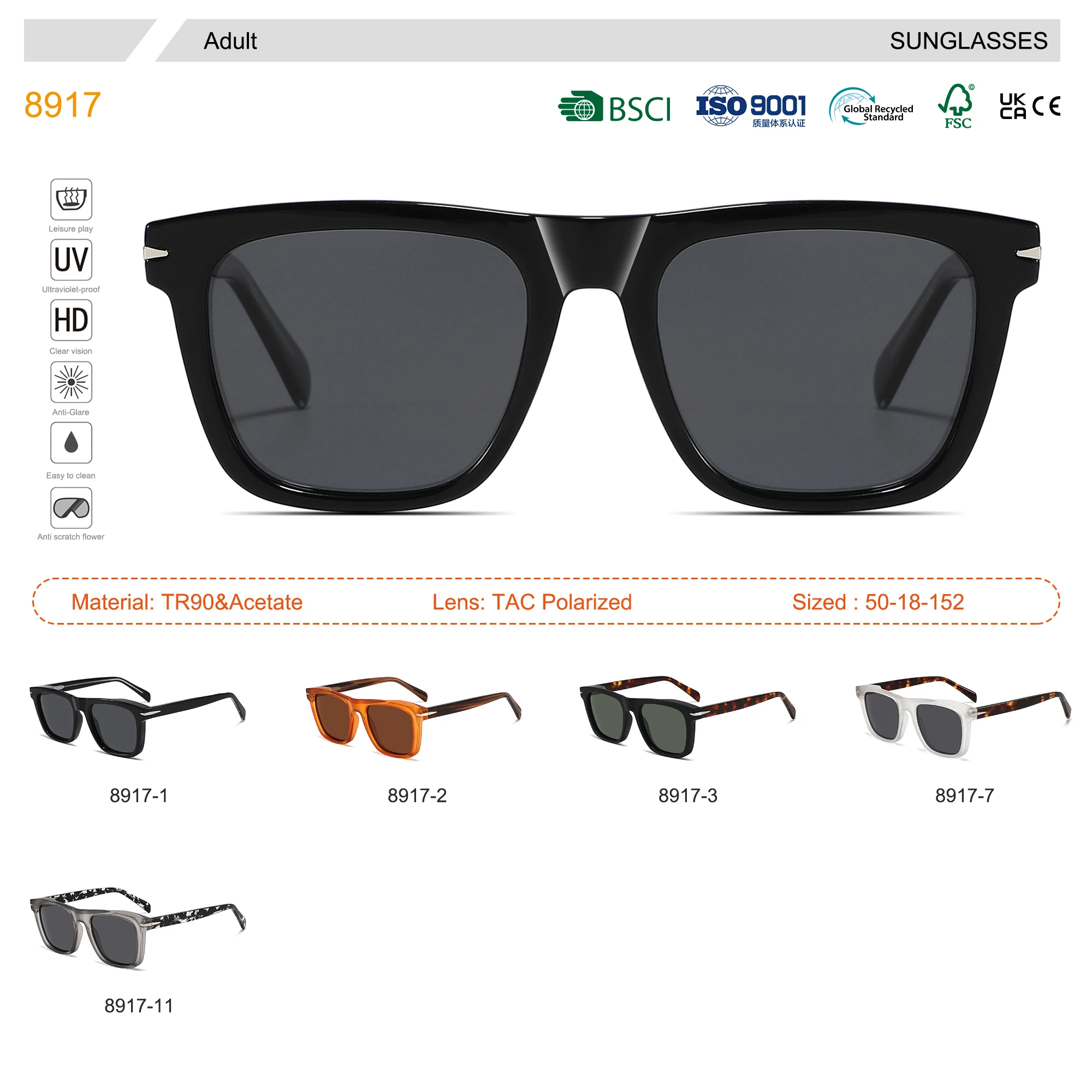 Conchen Ready Stock Square TR90 Frame Sunglasses Acetate TAC Polarized Men Women Sunglasses 2023