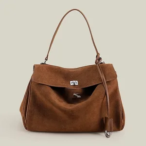 A-165 Vintage Lock Buckle Large Capacity Fashionable Genuine Leather Tote Shoulder Crossbody Handbag Genuine Leather Woman Bag