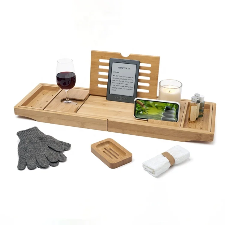 Brown wine glass Natural wood over bathtub tray100% bamboo book tablet Extendable/adjustable bridge ipad & phone holder Unibos Bath Caddy with candle 