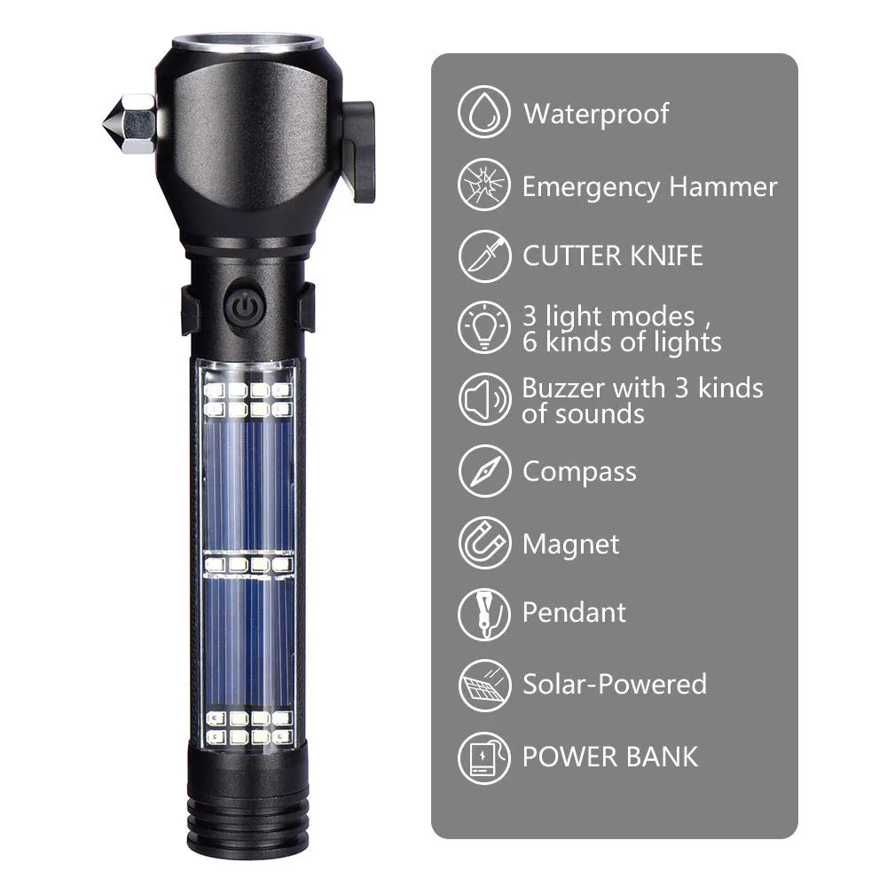 Emergency MultiFunction Outdoor Solar Power Tactical Flashlight Safety Hammer Seat Belt Cutter Flashlight with USB Charge details