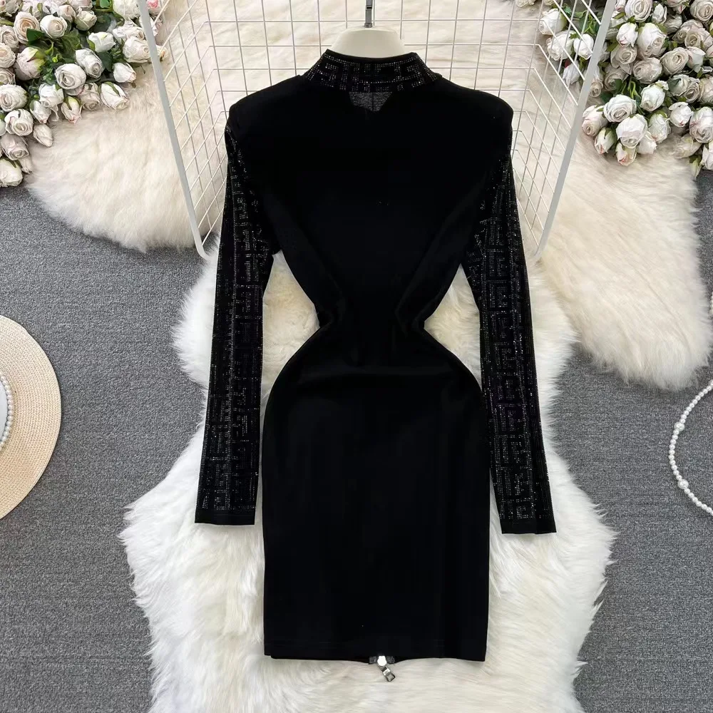 Hot Sale Rhinestones Long Sleeve Dress F Pattern Dress