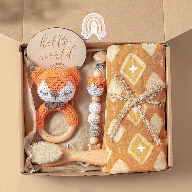 Organic Baby Gift Set Newborn Gift Box Woven Animal Pattern Muslin ...