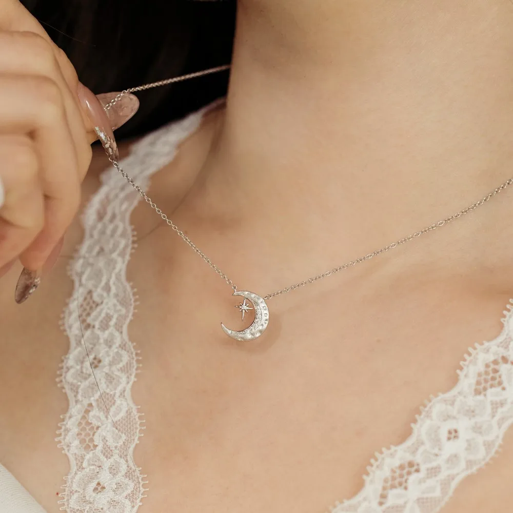KAKODIY 925 Sterling Silver Chain 5A Cubic Zirconia Frosted Surface Crescent Moon Pendant Necklace Christmas Gift detail 8