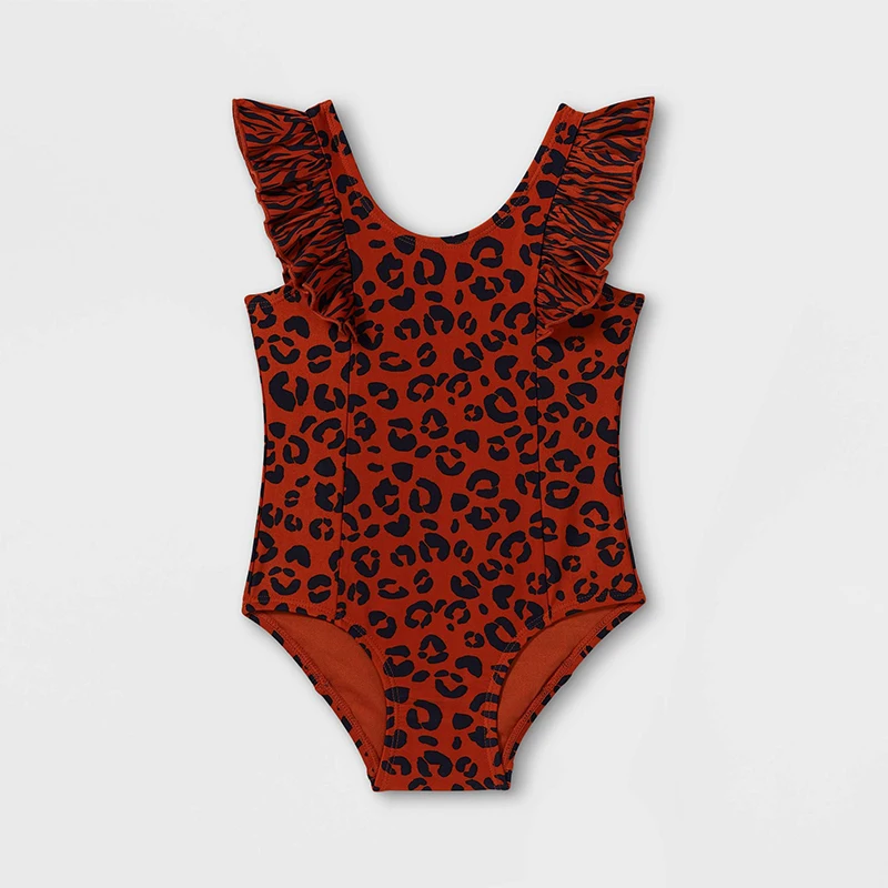 Custom Beachwear Ruffle Baby Kids Girls' Leopard Print Swimwear