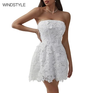 Custom Women's Sexy Slim Strapless Short Evening Dress Floral Pattern Lace Decoration Solid Color for Party Club for Summer