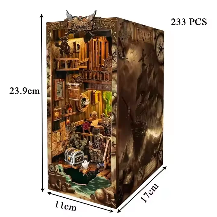 Hamaileon DIY 3D Puzzle Model Building Wooden Bookshelf Bookend Toy New World Pirate Ship Miniature Doll House