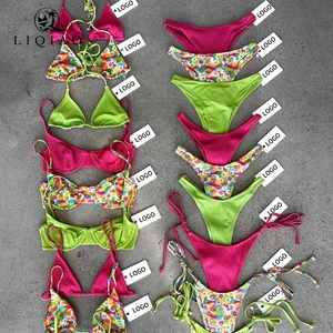 Bright Color & Floral Print High Waist 3 Piece Set Breathable Spandex/Nylon Swimwear Assortment