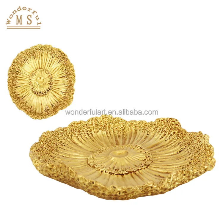 Oem Golden Resin Lotus flowers leaf dish Shape Holders 3d tray candy Kitchenware brass poly stone plate Tableware bowls