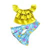 Pool Duck Print Yellow Off Shoulder Top & Flare Pants Set
