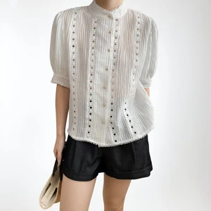 Women's White Blouse with Puff Sleeve, Lace Detailing and Stand-up Collar