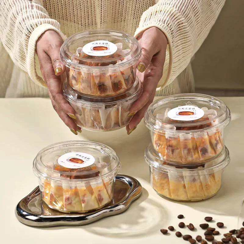 Crystal Transparent Hard PET Plastic Small Dessert Basque Cake Container Round Mousse Cake Packaging Box for Food Use
