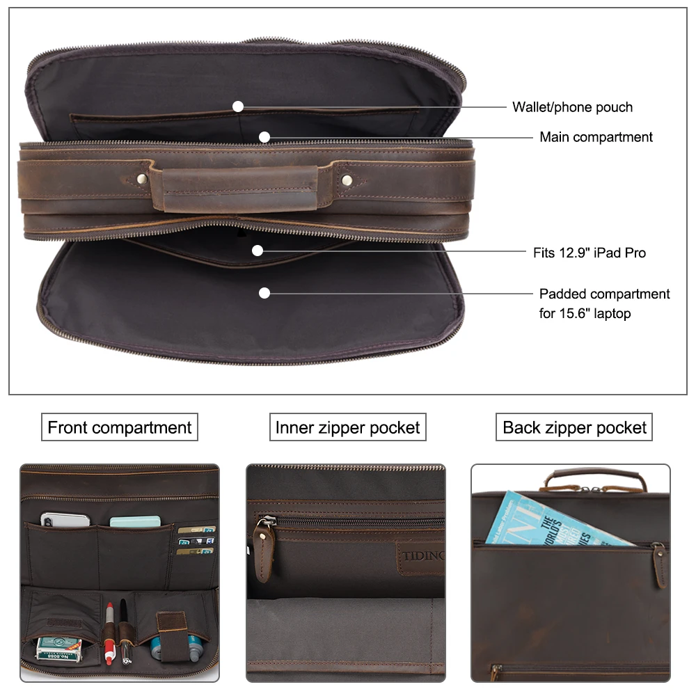 Hot Sale Custom Logo Materia Real Full Grain Leather 15 Inch Laptop Briefcase Office Bag Crazy Horse Genuine Leather Briefcase
