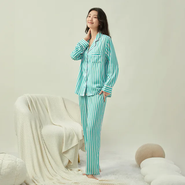 personalised romantic green striped pocket ice satin silk xmas pjs pyjama femme sleep bridal party pajama set for women