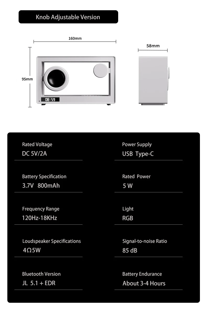Factory Directly Supply DC5V 800mAh Classic Model Transparent Wireless Bluetooth Speaker with LED clock Display TF Card Playback
