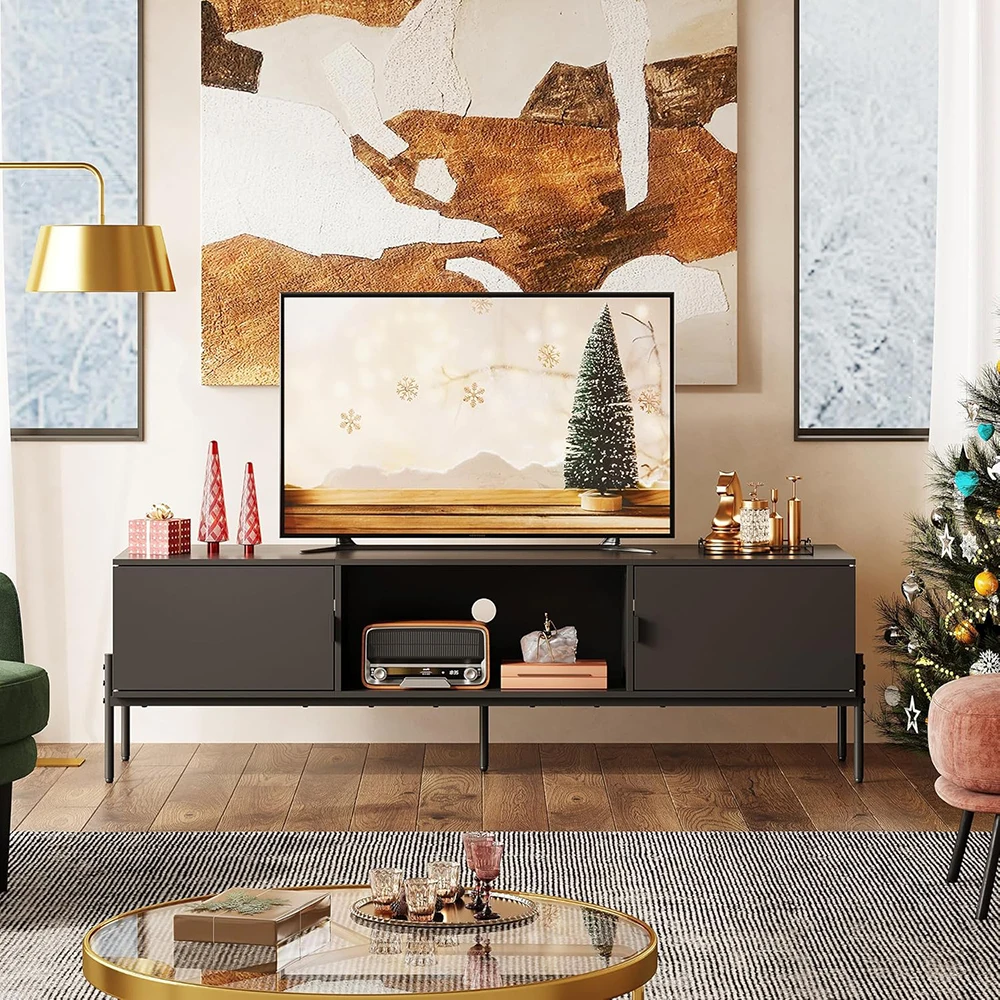 product nu deco farmhouse 65 inch tv stand with 2 storage cabinets open shelf wooden material metal legs black for living room  bedroom-6