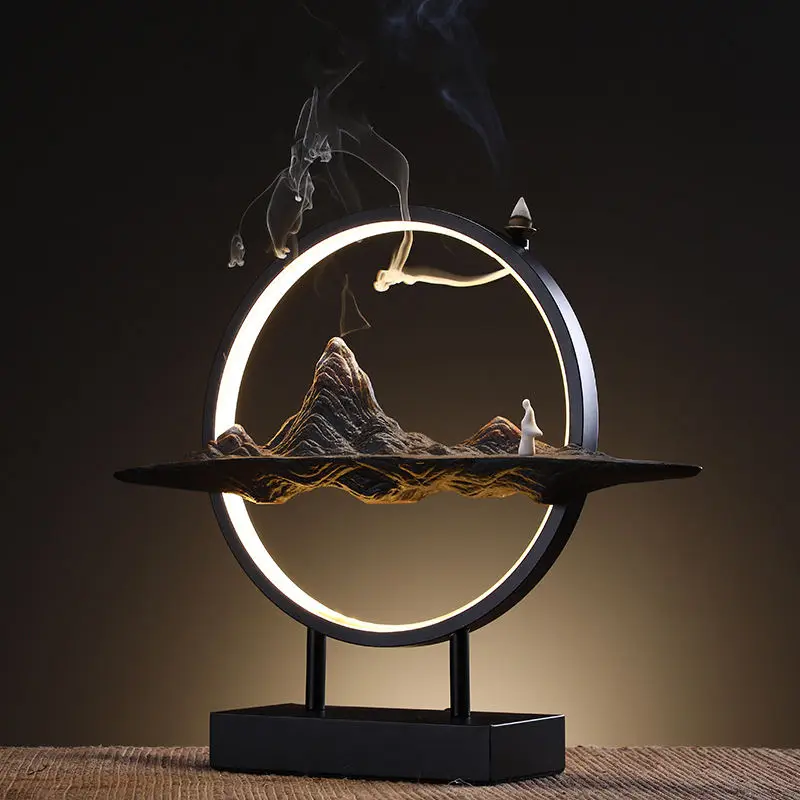 LED Ceramic Incense Backflow Censer Smoke Waterfall Holder Backflow Incense Burner for Home Office Desk Decor